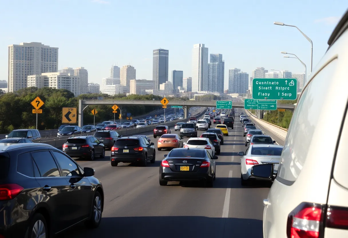 Heavy traffic congestion on a San Antonio highway with construction signs.