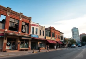 Urban landscape of San Antonio showing a contrast of abandoned and thriving businesses