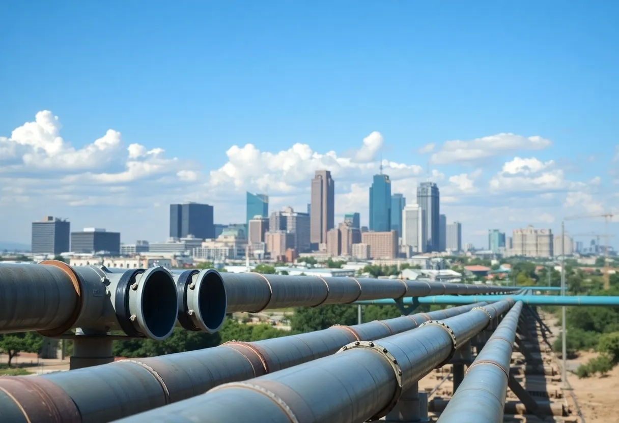 View of San Antonio skyline with water infrastructure elements