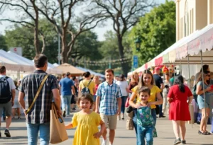 Families enjoying weekend events in San Antonio with festive decorations and activities.