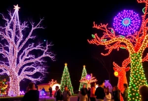 Brightly lit trees at San Antonio Zoo during Zoo Lights event