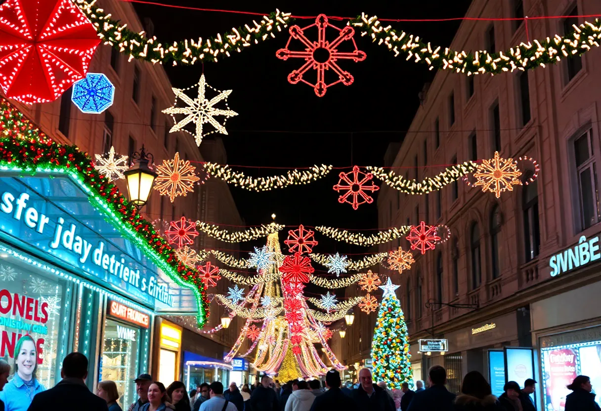 Crowd enjoying the Let's Glow holiday festival in San Francisco with colorful lights and decorations.