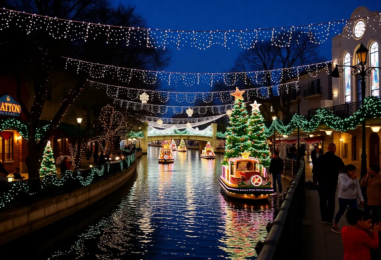 Christmas celebration at San Antonio River Walk with festive decorations and holiday lights.