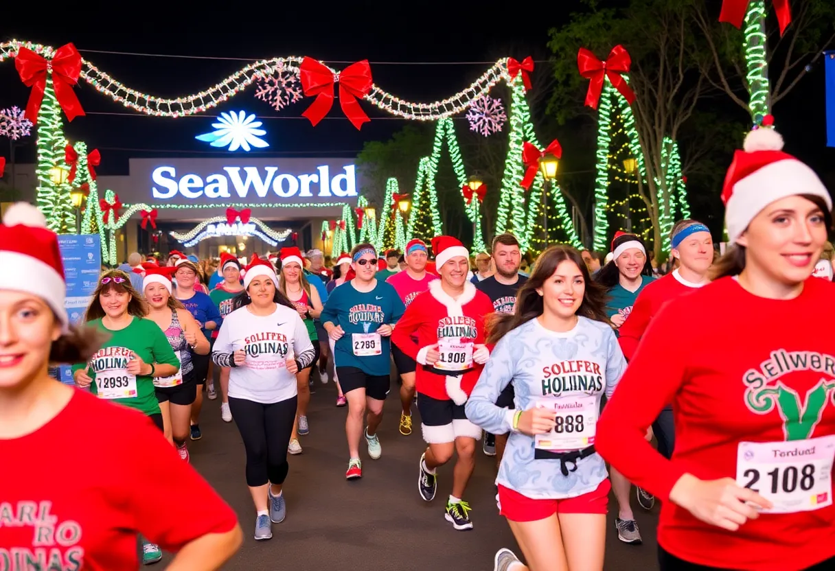 Participants running in festive attire at Santa Hustle San Antonio