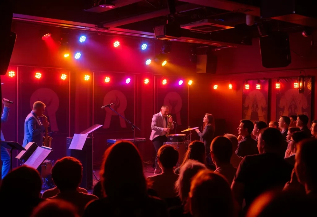 Live jazz concert with saxophonists on stage at the Big Bib Too Event Center in San Antonio.