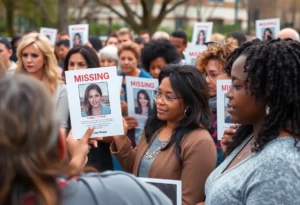 Community members holding posters for missing person Camila Olmos