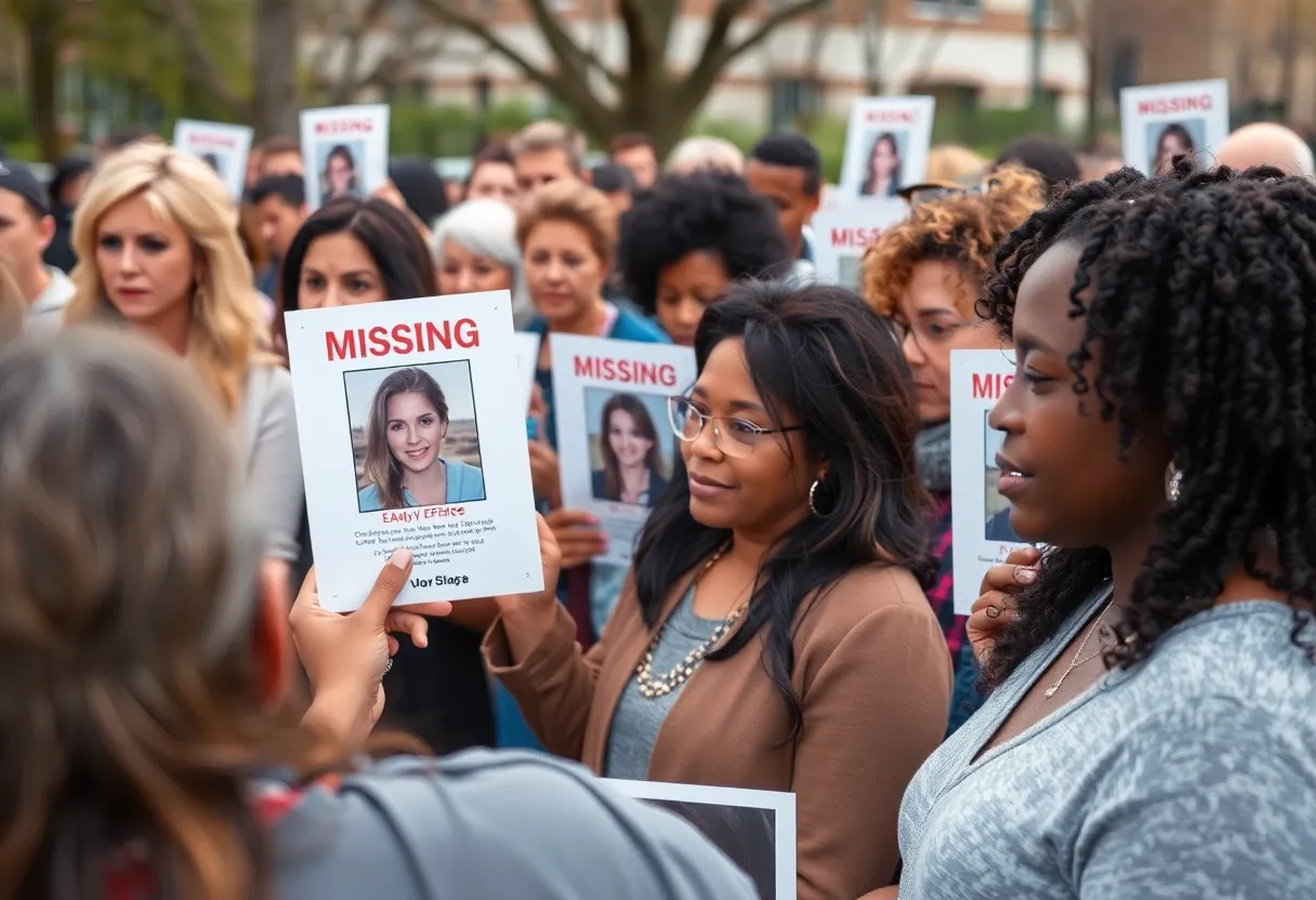 Community members holding posters for missing person Camila Olmos