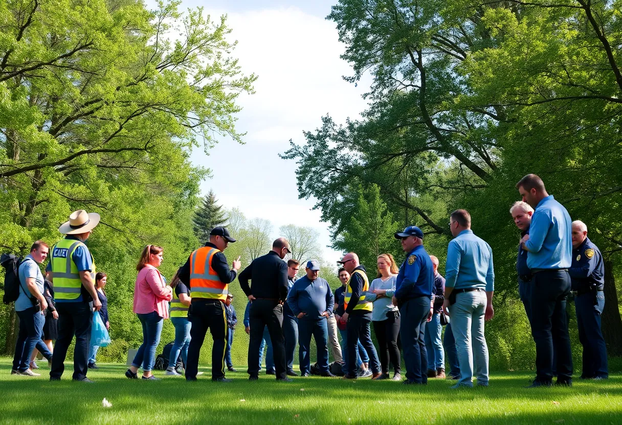 Volunteers and police searching for a missing woman in a park