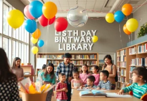 Celebration at Semmes Branch Library with families and decorations