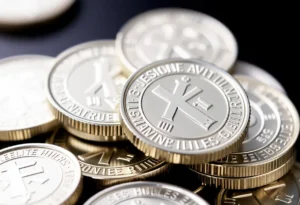 Stacked silver coins reflecting light