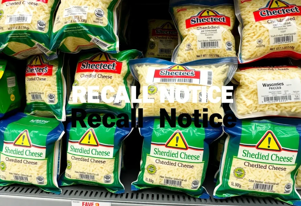 Shredded cheese packages marked with a recall notice in a grocery store.