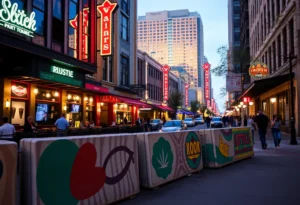Revitalized Sixth Street in Austin with lively nightlife and safety barriers