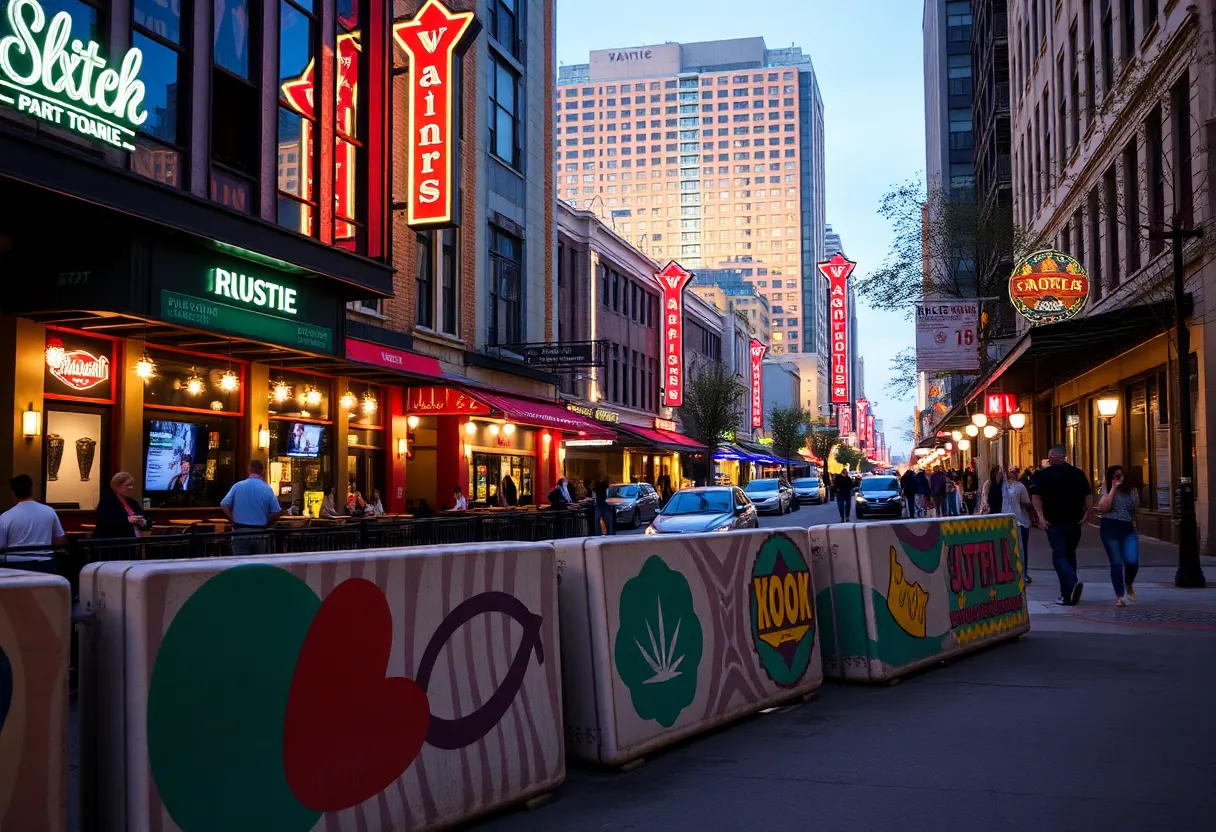 Revitalized Sixth Street in Austin with lively nightlife and safety barriers