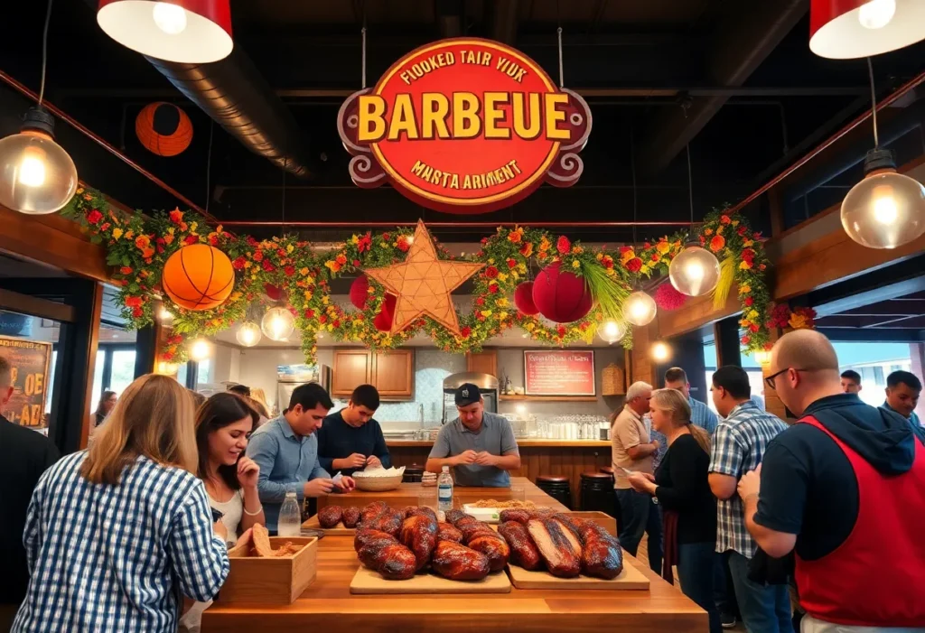 Celebration of Smokey Mo's BBQ grand opening with community members enjoying barbecue.