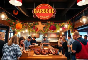 Celebration of Smokey Mo's BBQ grand opening with community members enjoying barbecue.