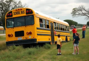 Overturned Somerset ISD school bus with emergency response team attending the scene