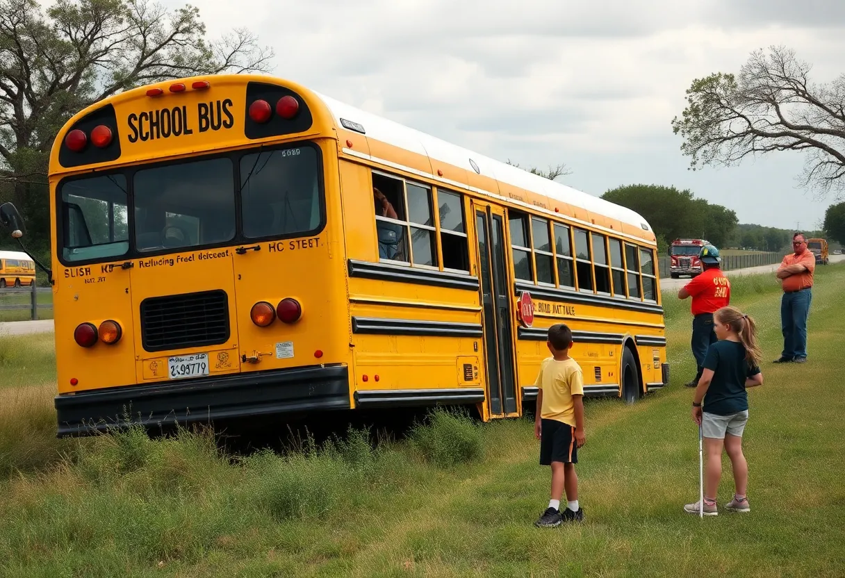 Overturned Somerset ISD school bus with emergency response team attending the scene