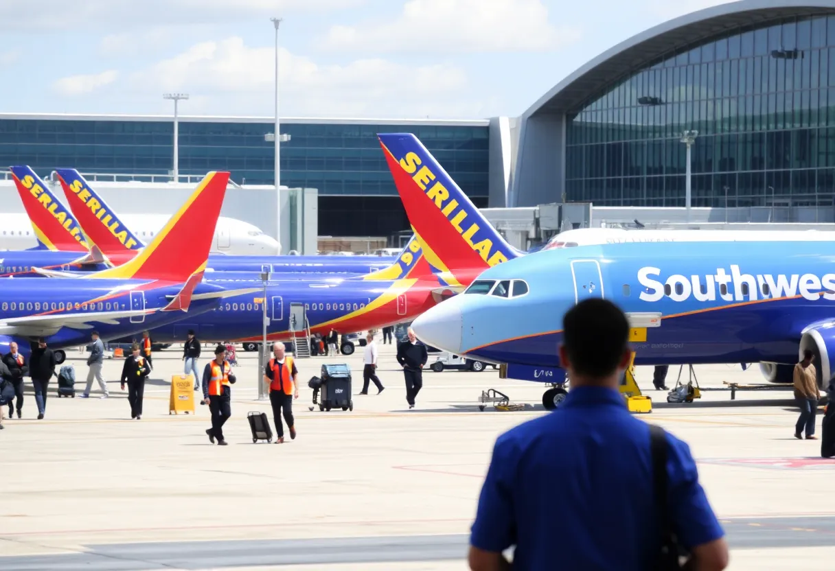 Southwest Airlines crew members and aircraft at Austin-Bergstrom International Airport