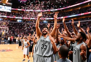 San Antonio Spurs players celebrating after a win against the Atlanta Hawks.