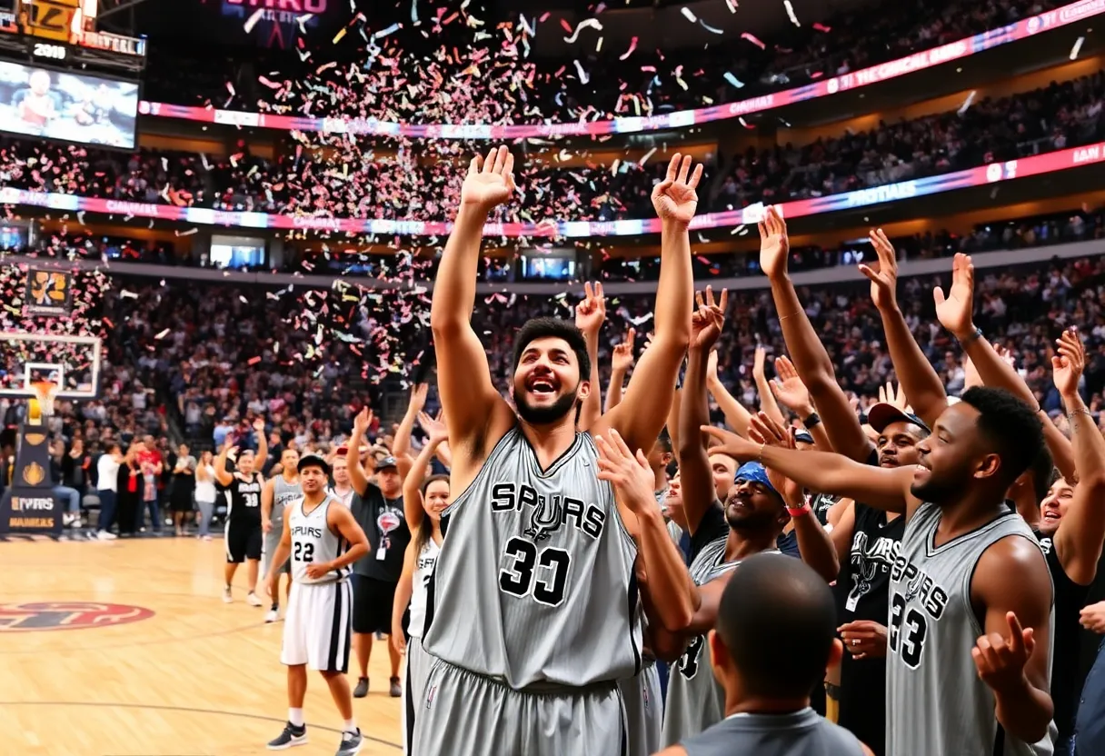 San Antonio Spurs players celebrating after a win against the Atlanta Hawks.