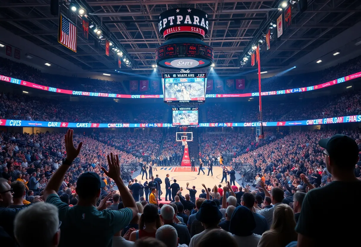 Crowd cheering at a basketball game between the San Antonio Spurs and Oklahoma City Thunder