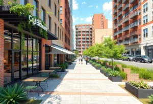Artist's impression of daytime businesses along St. Mary's Strip with an outdoor patio.