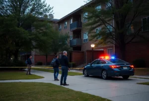 A view of a university apartment complex representing student safety concerns