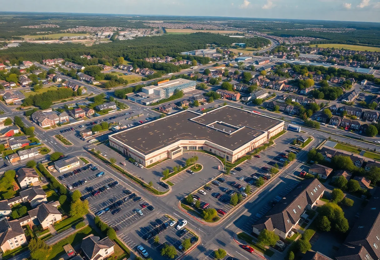Aerial view of Sunset Ridge Shopping Center in North Plains, Oregon