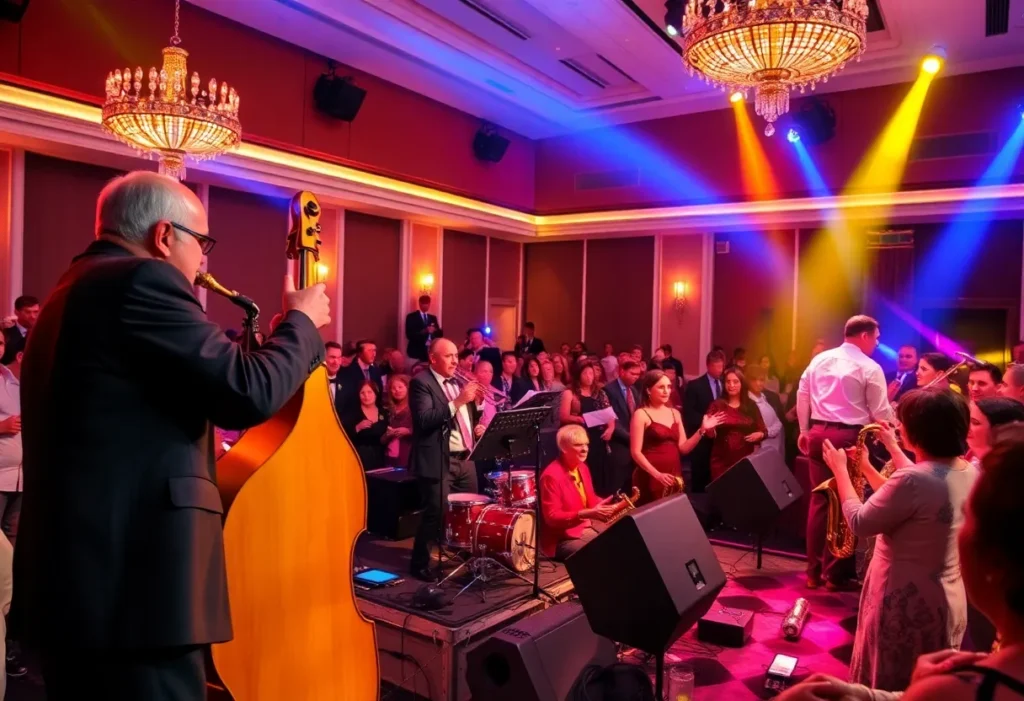 A vibrant crowd enjoying the Super Jazz Fest 2025 concert with musicians performing on stage.