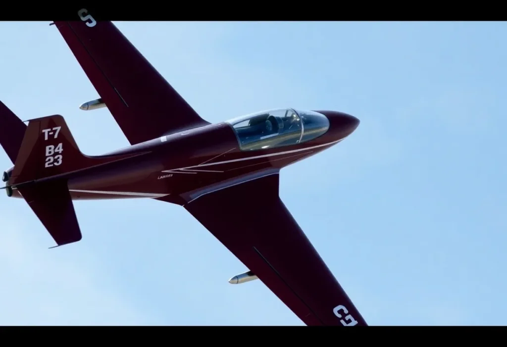 T-7A Red Hawk advanced trainer aircraft soaring in the sky.
