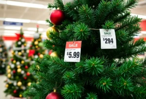 Pricing tag on a Christmas tree showing sale and original price