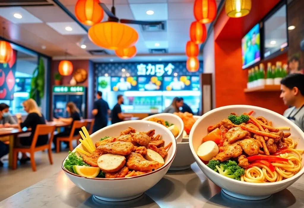 Interior of Teriyaki Madness restaurant in San Antonio with customers enjoying meals.