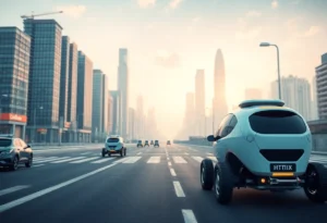 Futuristic autonomous robotaxi in an urban setting