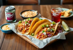 Colorful Tex-Mex cuisine with tacos and Dr Pepper