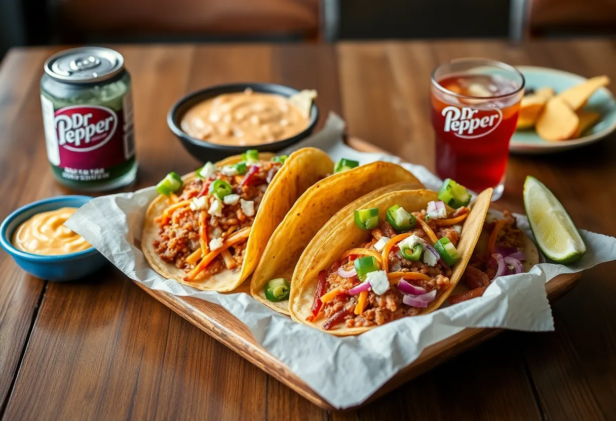 Colorful Tex-Mex cuisine with tacos and Dr Pepper