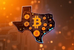 Digital representation of Texas with Bitcoin symbols