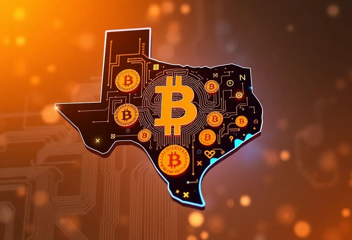 Digital representation of Texas with Bitcoin symbols
