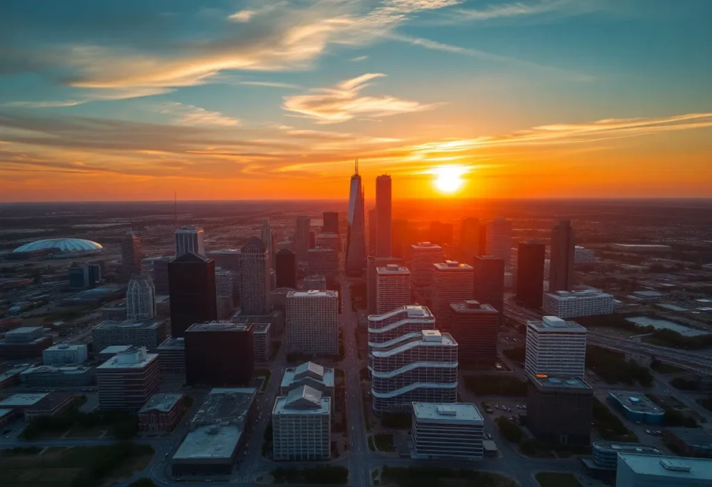 Aerial view of Texas city showcasing data centers and energy infrastructure.