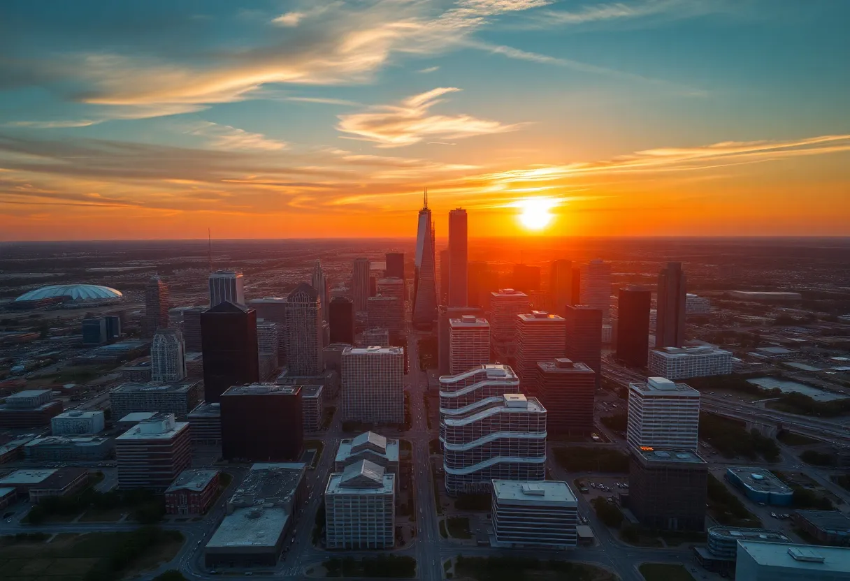 Aerial view of Texas city showcasing data centers and energy infrastructure.