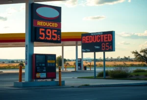 A Texas gas station sign showing decreased gasoline prices.