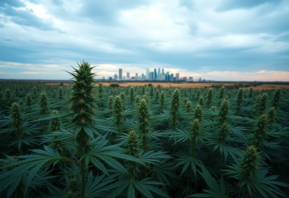 Hemp plants in Texas with skyline in background