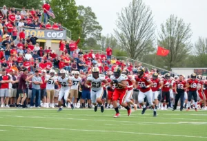 A high school football team celebrates during a playoff game.