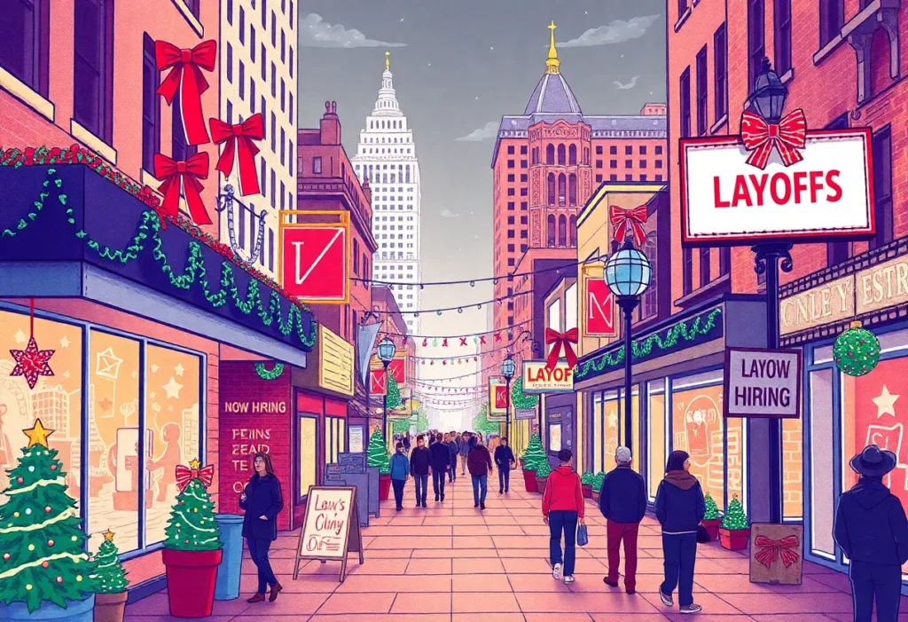 Illustration showing the impact of job layoffs on Texas during the holiday season.
