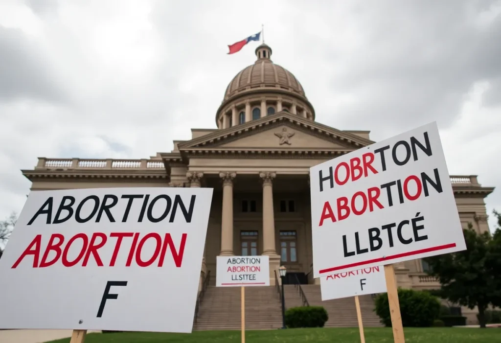 Legislative building in Texas with protest signs about abortion laws.