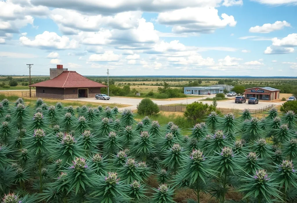 Texas landscape featuring medical cannabis plants and dispensaries.