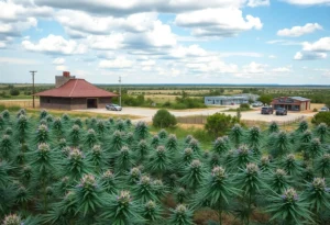 Texas landscape featuring medical cannabis plants and dispensaries.