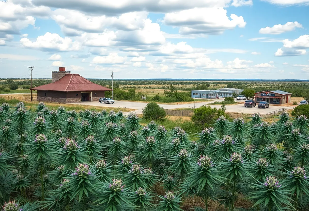 Texas landscape featuring medical cannabis plants and dispensaries.