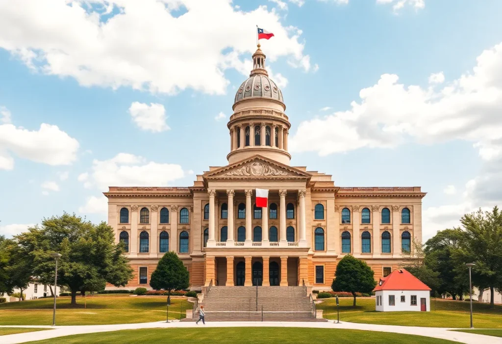 An illustration of Texas Capitol with symbols for healthcare, education, and technology representing new laws.