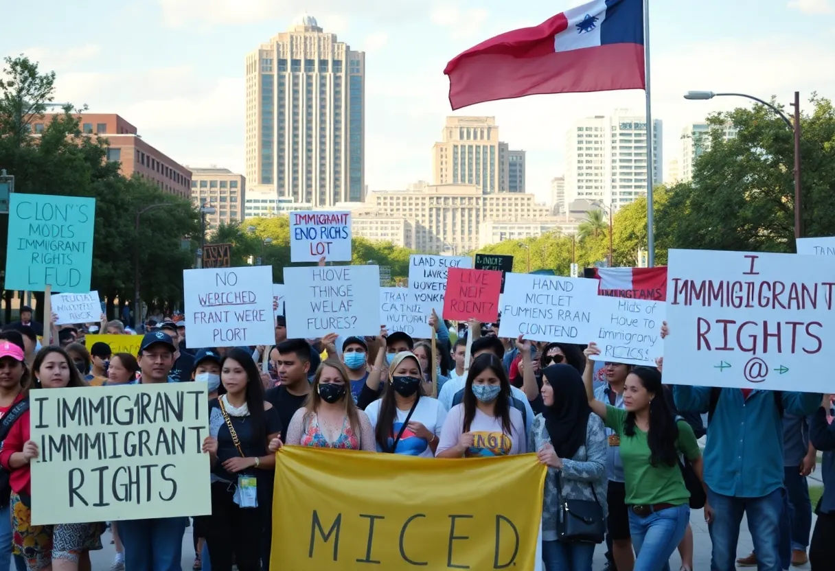 Protesters in San Antonio rally against ICE enforcement with banners and placards.