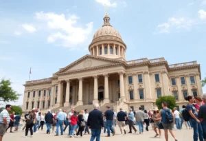 Residents discussing local politics in front of the Texas State Capitol.